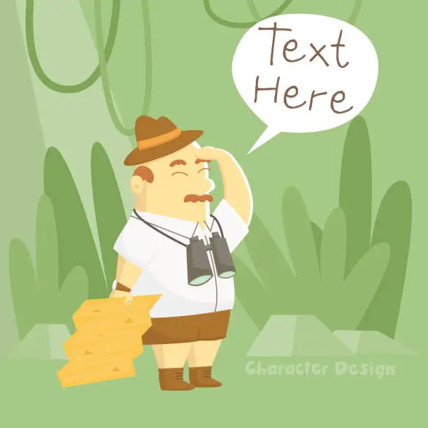 Vector illustration of Treasure hunter cartoon character design is hunting the hidden locale from treasure map in his hand - Vector illustration.