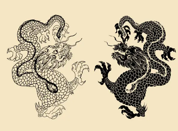 Vector illustration of black and white tattoo and sticker for printing.Chinese dragon tattoo.Hand drawn zentangle style Chinese dragon and silhouette for tattoo