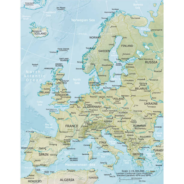 ilustraciones, imágenes clip art, dibujos animados e iconos de stock de mapa físico de europa - españa suecia