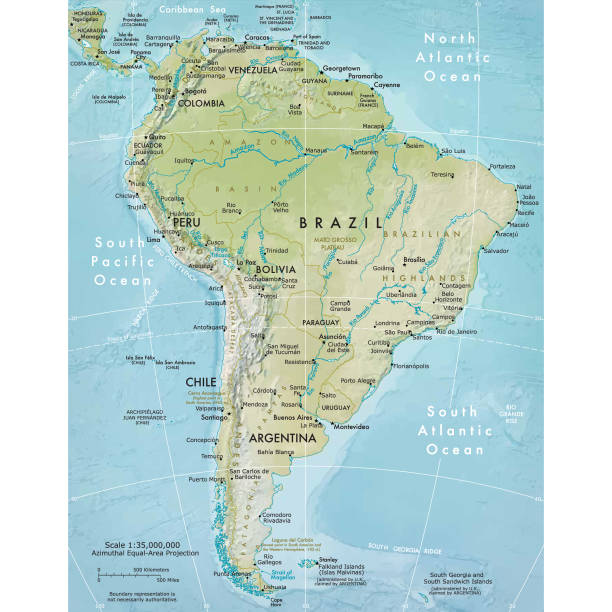 Vector illustration of the physical map of South AmericaReference map was created by the US Central Intelligence Agency and is available as a public domain map at the University of Texas Libraries website.https://www.cia.gov/library/publications/resources/the-world-factbook/graphics/ref_maps/physical/pdf/south_america.pdf