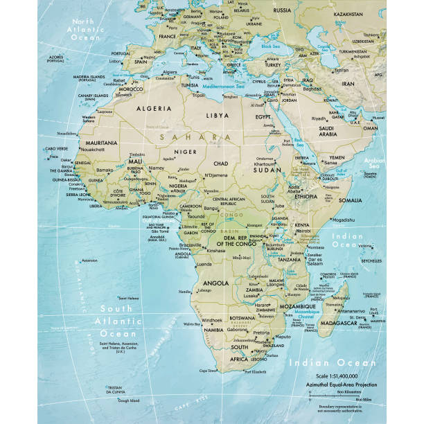Vector illustration of a physical map of AfricaReference map was created by the US Central Intelligence Agency and is available as a public domain map at the University of Texas Libraries website.https://www.cia.gov/library/publications/resources/the-world-factbook/graphics/ref_maps/physical/pdf/africa.pdf