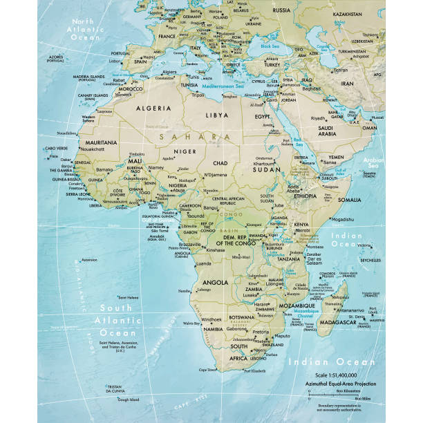 Physical map of Africa Vector illustration of a physical map of Africa

Reference map was created by the US Central Intelligence Agency and is available as a public domain map at the University of Texas Libraries website.

https://www.cia.gov/library/publications/resources/the-world-factbook/graphics/ref_maps/physical/pdf/africa.pdf west africa stock illustrations