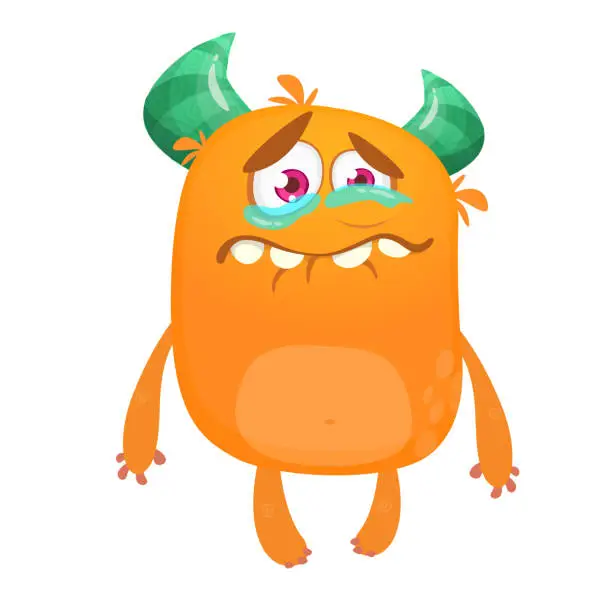 Vector illustration of Cute cartoon monster with horns . Crying monster emotion. Halloween vector illustration