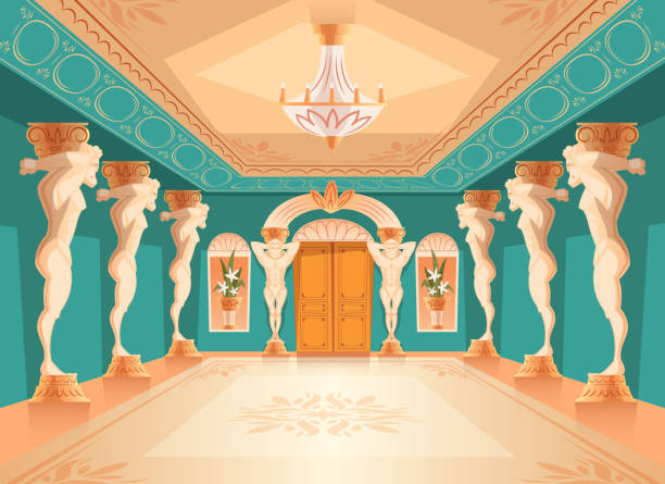 vektor-halle mit atlas spalten, ballsaal interieur - domestic room palace chandelier nobility stock-grafiken, -clipart, -cartoons und -symbole