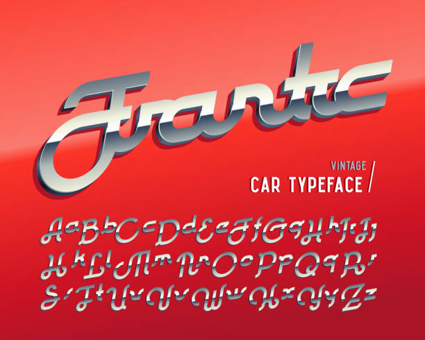 ilustrações de stock, clip art, desenhos animados e ícones de vintage car typeface named "frantic" with crome 3d effect on glossy red background - chrome insignia sign gear