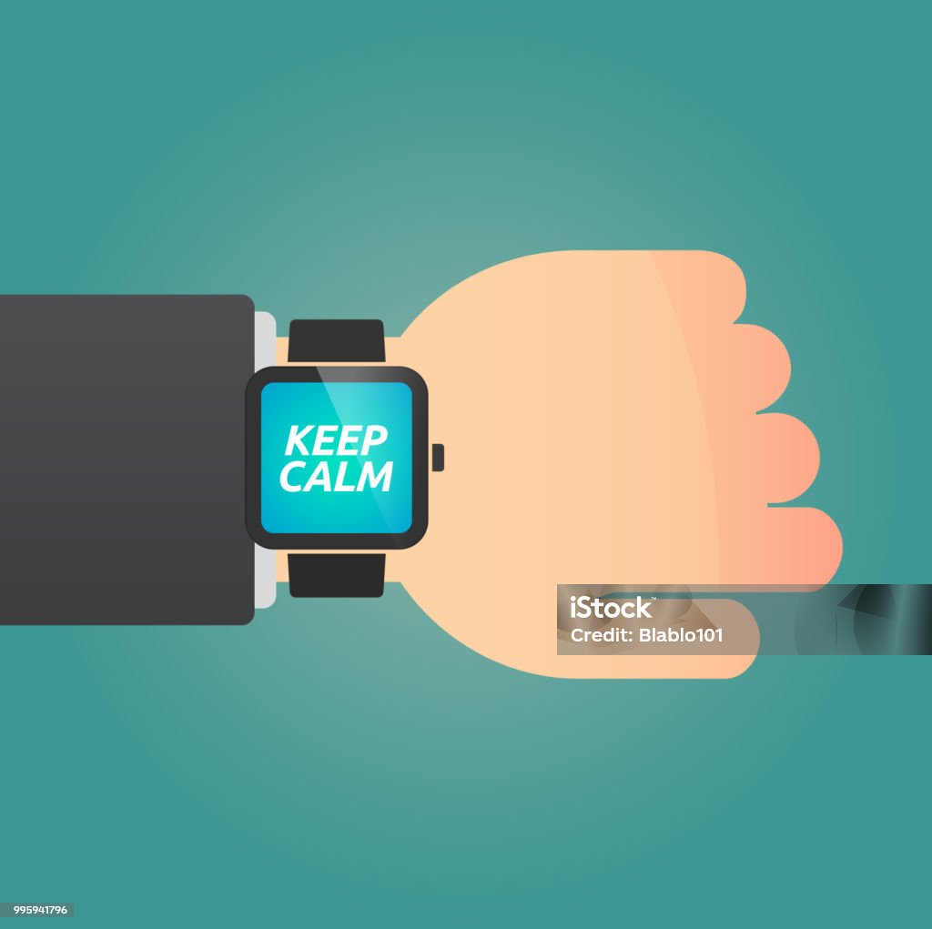 Hand with a smart watch and    the text KEEP CALM Hand with a long shadow smart watch with    the text KEEP CALM Advice stock vector