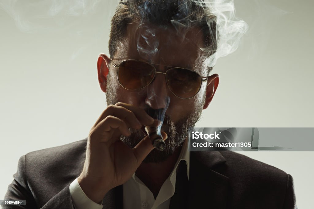 The barded man in a suit holding cigar The barded man in a suit holding cigar. Stylish business man on gray studio background. Beautiful male portrait. Young emotional man. The human emotions, facial expression concept. Italian look Manager Stock Photo