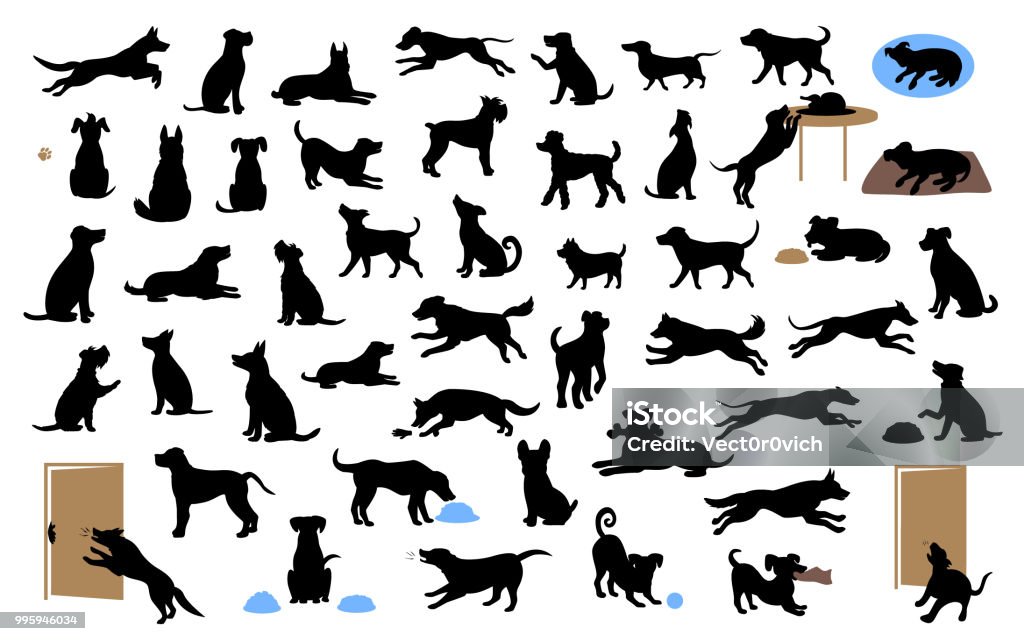 silhouettes de chiens différents définie, animaux marcher, s’asseoir, jouer, manger, voler de la nourriture, l’écorce, protéger la course et le saut, illustration vectorielle isolé - clipart vectoriel de Chien libre de droits