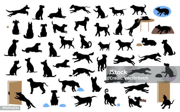 Silhouettes De Chiens Différents Définie Animaux Marcher Sasseoir Jouer Manger Voler De La Nourriture Lécorce Protéger La Course Et Le Saut Illustration Vectorielle Isolé Vecteurs libres de droits et plus d'images vectorielles de Chien