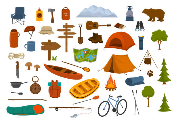 illustrazioni stock, clip art, cartoni animati e icone di tendenza di attrezzatura da trekking da campeggio e fornisce grafica set - segnale illustrazioni