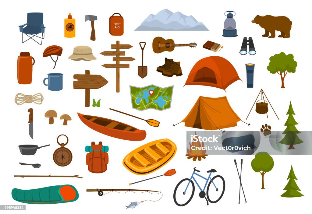 camping hiking gear and supplies graphics set Camping stock vector