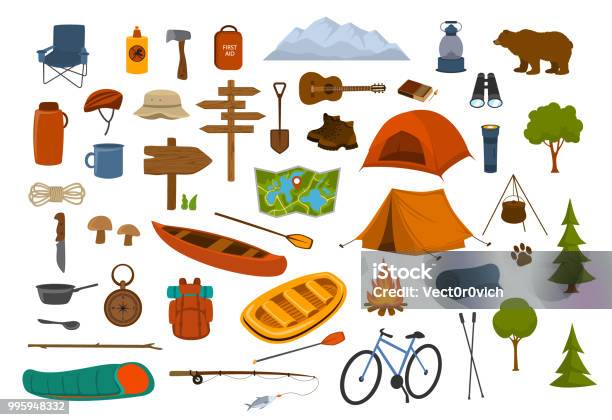 Camping Hiking Gear And Supplies Graphics Set Stock Illustration - Download Image Now - Camping, Tent, Hiking