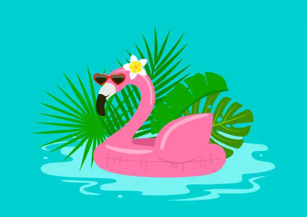 Vector illustration of summertime pool beach holidays background with swimming flamingo float with sunglasses and tropical leaves