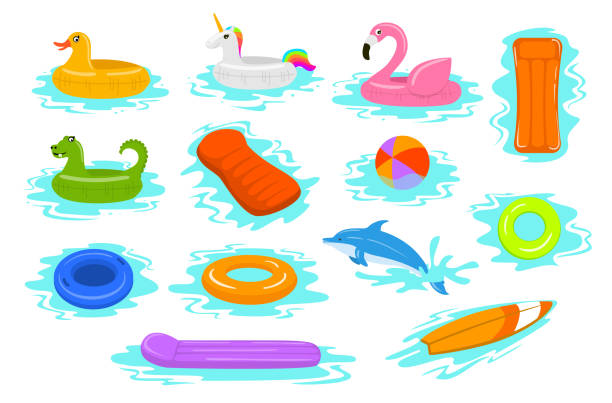 летнее время пляж морской отдых праздники надувные поплавки кольца трубки матрас набор - duck swimming pool animal bird stock illustrations