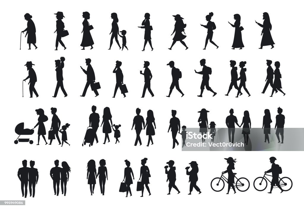 ensemble de silhouettes de personnes walking.family couples, parents, homme et femme différente génération d’âge marcher avec vélos, smartphones, café, manger, texting, parler, arrière latéral et avant vues - clipart vectoriel de Silhouette - Contre-jour libre de droits