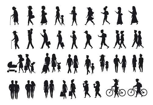 silhouettes set of people walking.family couples,parents, man and woman different age generation walk with bikes,smartphones, coffee,eat,texting,talking, side back and front views isolated vector illustration scene