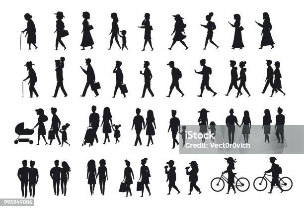 Silhouettes Set Of People Walkingfamily Couplesparents Man And Woman Different Age Generation Walk With Bikessmartphones Coffeeeattextingtalking Side Back And Front Views Stock Illustration - Download Image Now