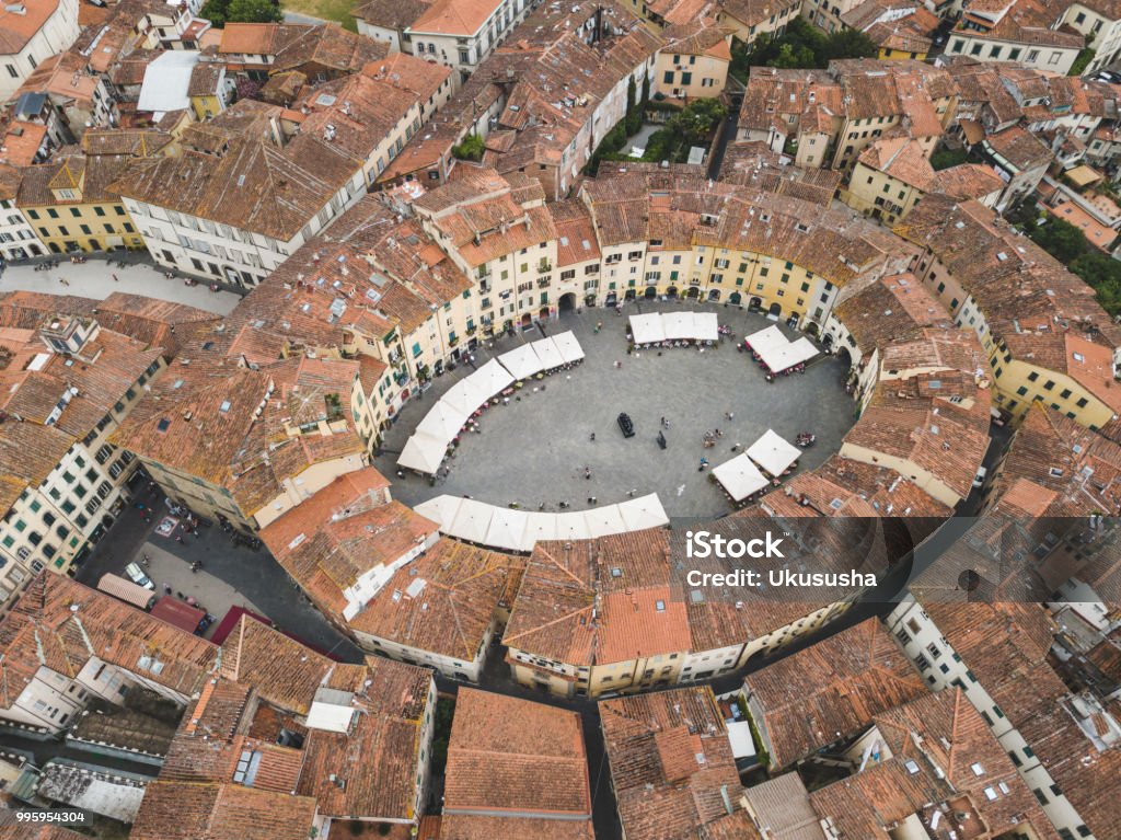 Amphitheater Square. Lucca city. Aerial view. Italy. View from above Amphitheater Square in Lucca city. Aerial view landscape. Tuscany. Italy. View from above Lucca Stock Photo