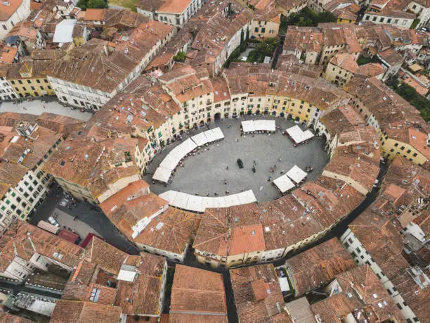Amphitheater Square in Lucca city. Aerial view landscape. Tuscany. Italy. View from above