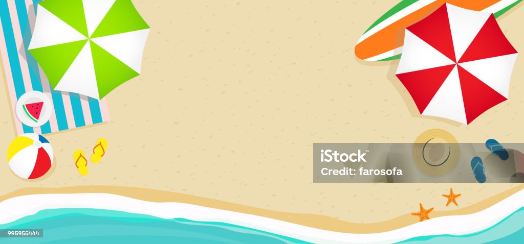 Illustrazione vettoriale banner spiaggia estiva, vista dall'alto della spiaggia con spazio di copia. - arte vettoriale royalty-free di Spiaggia