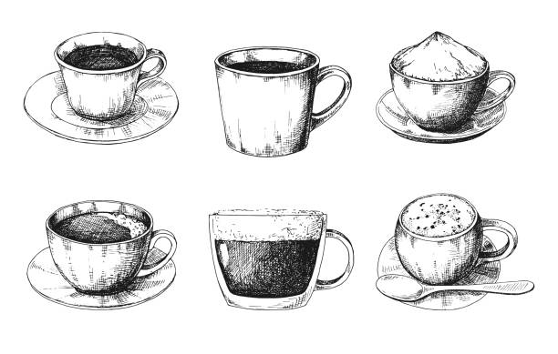 ilustrações, clipart, desenhos animados e ícones de esboçar diferente caneca de café em um pires. ilustração em vetor de um estilo de desenho. - contour drawing illustrations