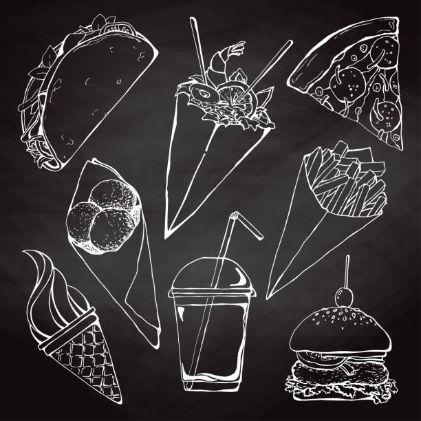 illustrazioni stock, clip art, cartoni animati e icone di tendenza di set di fast food diversi. illustrazione vettoriale in stile schizzo. - piadina