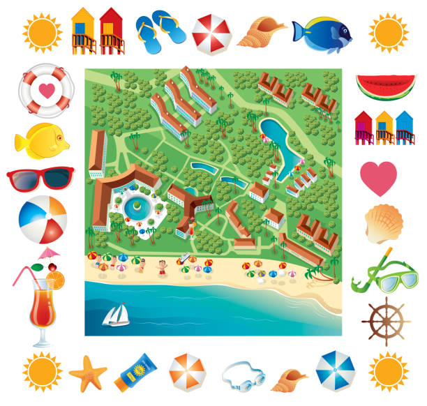 пляжный отель - hut island beach hut tourist resort stock illustrations