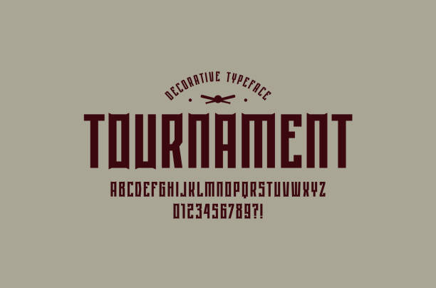 Decorative narrow sans serif font with elements of thorns Decorative narrow sans serif font with elements of thorns. Letters and numbers for emblem design. Black print on gray background sans font stock illustrations