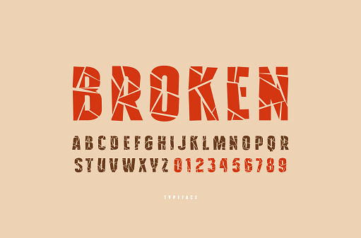 Decorative sans serif font with broken face. Letters and numbers for military, sport, retro emblem and title design. Color typeface on brown background