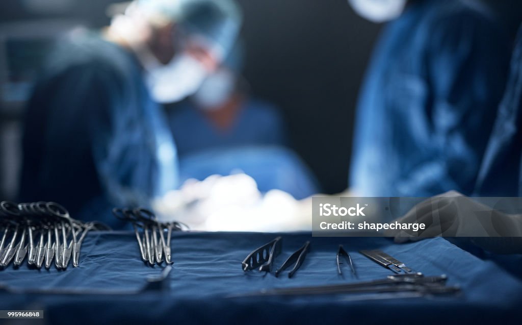 Sterilized and ready for use Shot of a tray of surgical equipment in an operating theatre Surgery Stock Photo