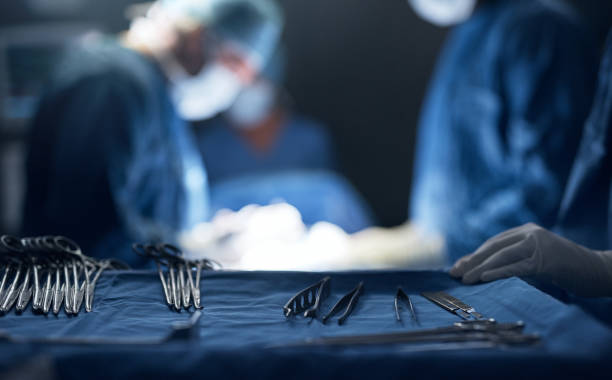 Sterilized and ready for use Shot of a tray of surgical equipment in an operating theatre surgery stock pictures, royalty-free photos & images