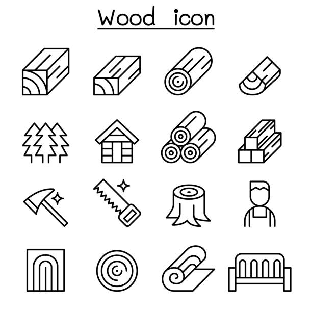 bildbanksillustrationer, clip art samt tecknat material och ikoner med trä ikonuppsättning i tunn linjestil - timber