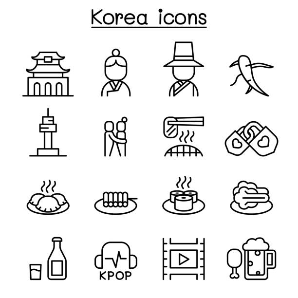 illustrazioni stock, clip art, cartoni animati e icone di tendenza di icona corea impostata in stile linea sottile - asia travel traditional culture people