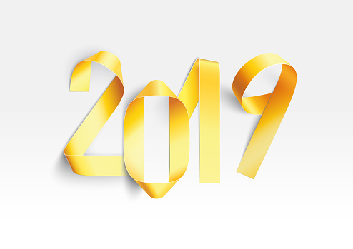 New Year 2019 greeting card with gold painted paper stripes bent in 2, 0, 1, 9 numbers shapes. Unique and original artwork based on hand-made artistic composition edited and worked out in detail in Adobe Illustrator. Fantastic material to design New Year's art.