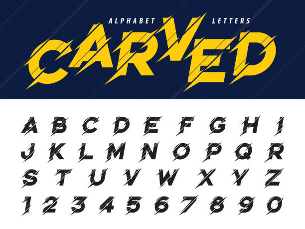 Vector of Glitch Modern Alphabet Letters and numbers, Grunge and Carved linear stylized rounded fonts Vector of Glitch Modern Alphabet Letters and numbers, Grunge and Carved linear stylized rounded fonts, Minimal Italic Letters set for Futuristic, universal, Branding & Identity knife scratches stock illustrations