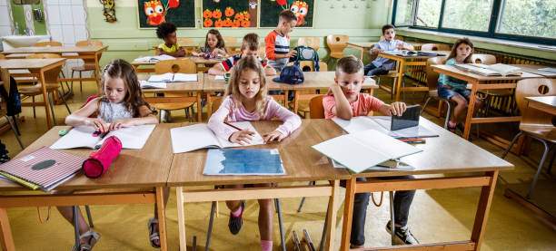 istock Panoramic view of elementary school children in the classroom. 995982704