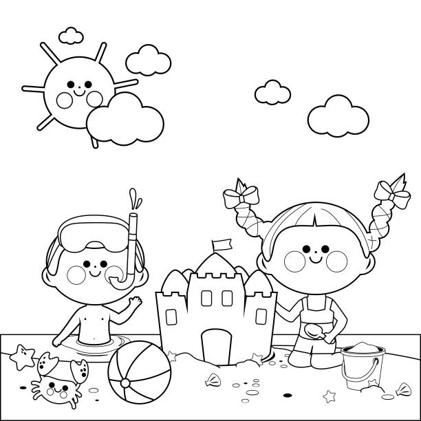 Children At The Beach Swimming And Building A Sandcastle Black And White  Coloring Book Page Stock Illustration - Download Image Now - iStock