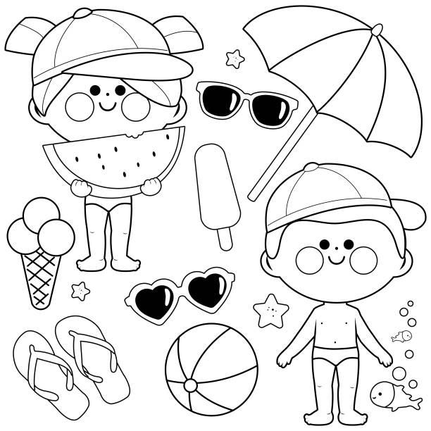 illustrations, cliparts, dessins animés et icônes de enfants avec les maillots de bain et chapeaux. éléments de conception de vacances de l’été de la plage. noir et blanc, livre de coloriage - beach ball ball beach white