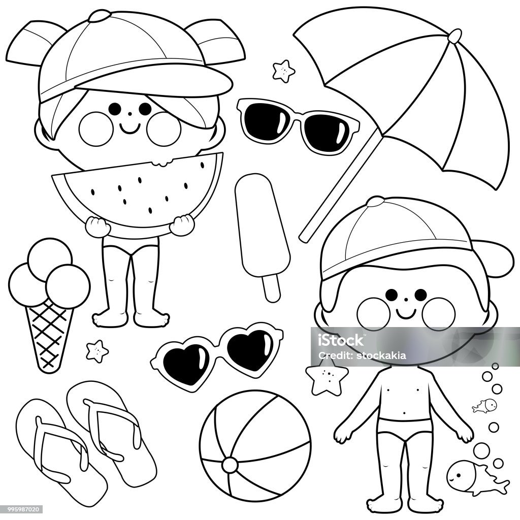 Children with swimsuits and hats. Beach summer vacation design elements. Black and white coloring book page Boy and girl kids with swimsuits and other beach summer vacation design elements. Vector black and white illustration Coloring stock vector