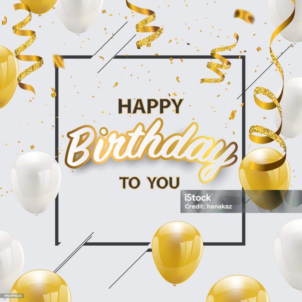Happy birthday vector Celebration party banner Golden foil confetti and white and glitter gold balloons. Birthday stock vector