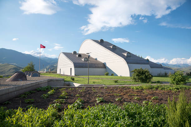 Baksi Museum Exterior Bayburt, Turkey - June 19, 2018: Extraordinary Baksi Museum rising in Bayraktar village, where only 480 people living in 80 houses. Exhibition halls, warehouse museum, conference hall, library and guest house of Baksı Museum is in the middle of nowhere. bayburt stock pictures, royalty-free photos & images