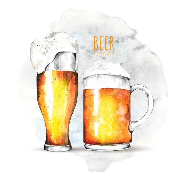 Watercolor elements on the theme of beer. Beer glass, hops, malt Watercolor elements on the theme of beer. Beer glass, hops, malt. Illustrations for web, poster, party invitation. water colour beer hops stock illustrations