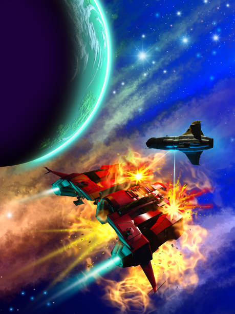 Space battle around an alien big planet, 3d illustration