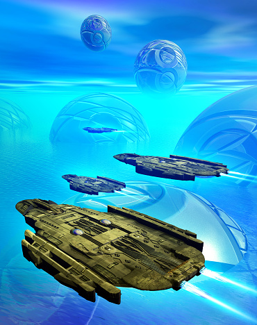 A spaceship's patrol exploring an alien habitat on an blue planet with ocean, 3d illustration