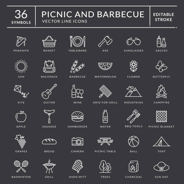 Picnic and barbecue outline icons. Editable stroke. Picnic and barbecue web icon set. White outline symbols with inscriptions. Outdoor recreation elements isolated on black background. Editable stroke for easy line width editing. Vector collection. shish kebab stock illustrations