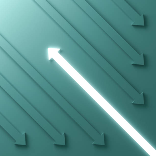 istock Stand out from the crowd and different concept , One glowing light up arrow going to bright light among other down arrows on dark green background with shadows 3D rendering 996021622