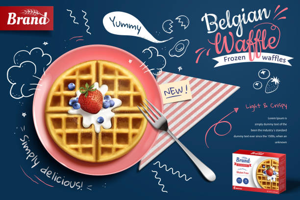 ilustrações, clipart, desenhos animados e ícones de anúncios de waffle belga com frutas - waffle breakfast syrup plate