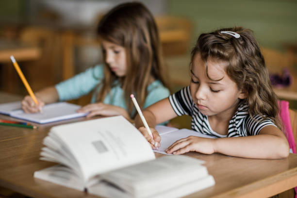 istock Two schoolgirls writing their lecture in notebooks in the classroom. 996029430