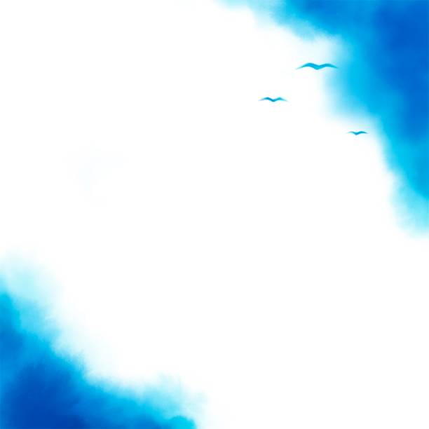 istock Warercolor style blue background with clouds and flying birds. Flying seaqulls, abstract watercolor background, blue illustration. Marine landscape, sea. Template with copy space 996048408