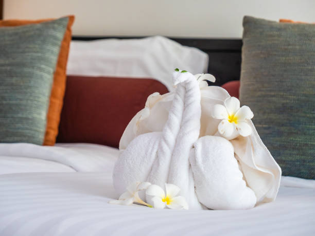 istock White elephant towel and comfortable pillow on bed decoration in hotel bedroom interior 996055236
